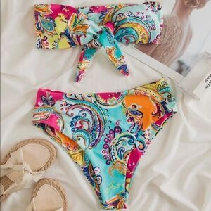 ‎Paisley Print Knot Front Bandeau Bikini Swimsuit